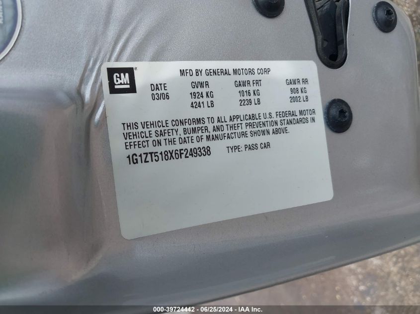 2006 Chevrolet Malibu Lt VIN: 1G1ZT518X6F249338 Lot: 39724442