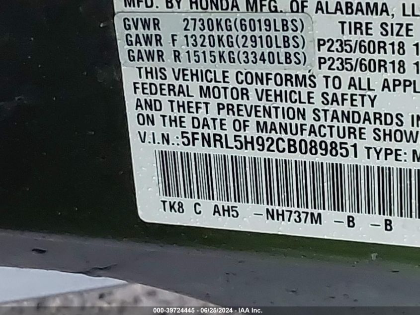 2012 Honda Odyssey Touring/Touring Elite VIN: 5FNRL5H92CB089851 Lot: 39724445