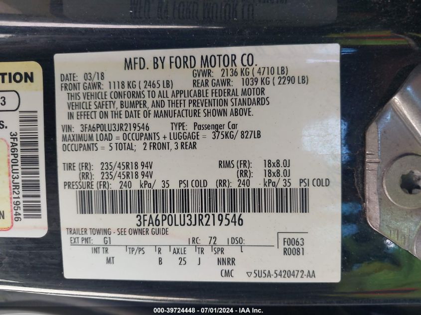 2018 Ford Fusion Hybrid Se VIN: 3FA6P0LU3JR219546 Lot: 39724448