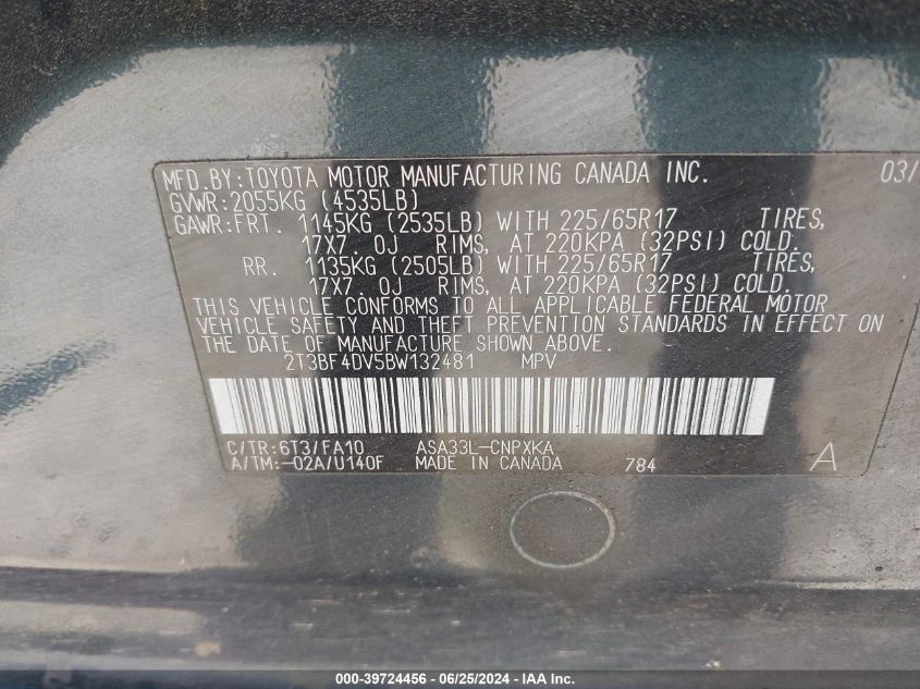 2011 Toyota Rav4 VIN: 2T3BF4DV5BW132481 Lot: 39724456