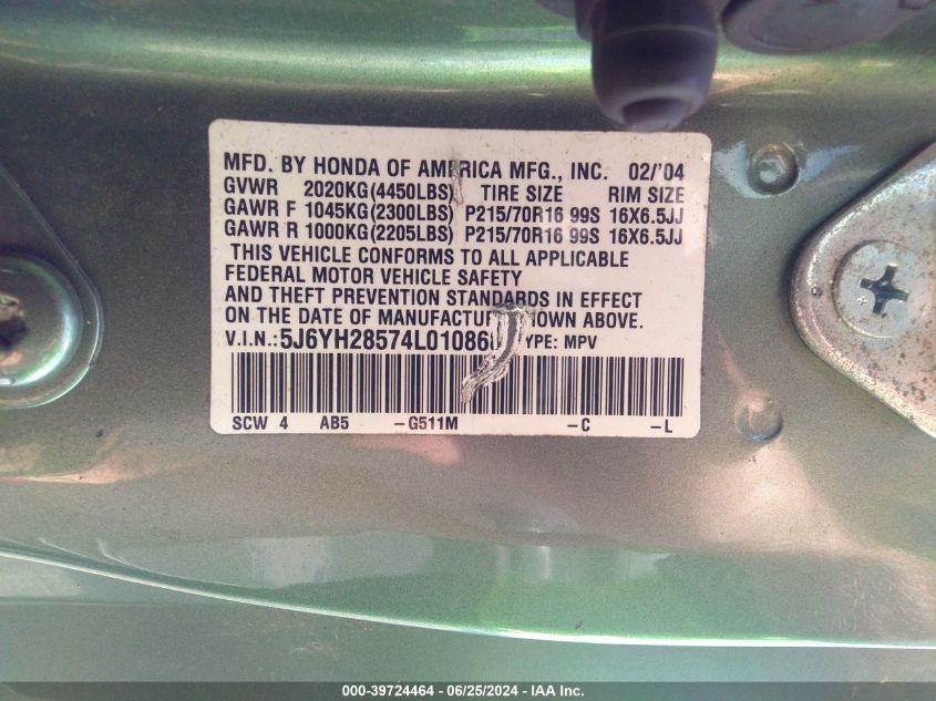 2004 Honda Element Ex VIN: 5J6YH28574L010868 Lot: 39724464