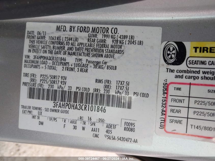 2012 Ford Fusion Se VIN: 3FAHP0HA3CR101846 Lot: 39724467