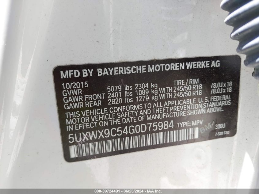 2016 BMW X3 xDrive28I VIN: 5UXWX9C54G0D75984 Lot: 39724491