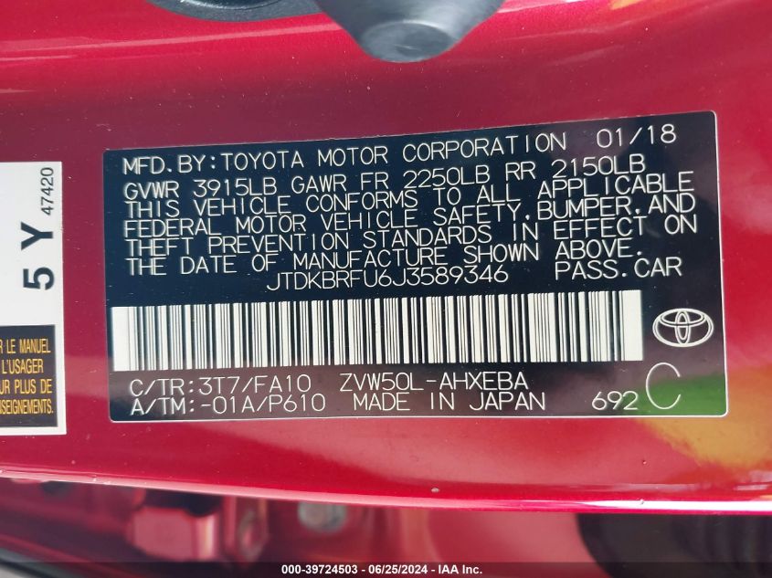 2018 Toyota Prius Two VIN: JTDKBRFU6J3589346 Lot: 39724503