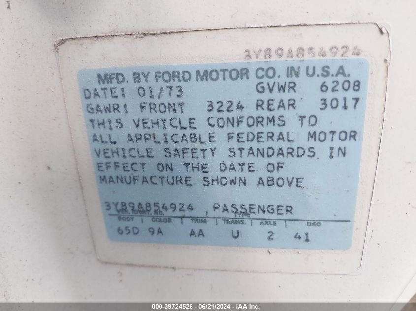 1973 Lincoln Mark Vi VIN: 3Y89A854924 Lot: 39724526