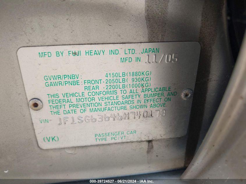 2006 Subaru Forester 2.5X VIN: JF1SG63646H740173 Lot: 39724527