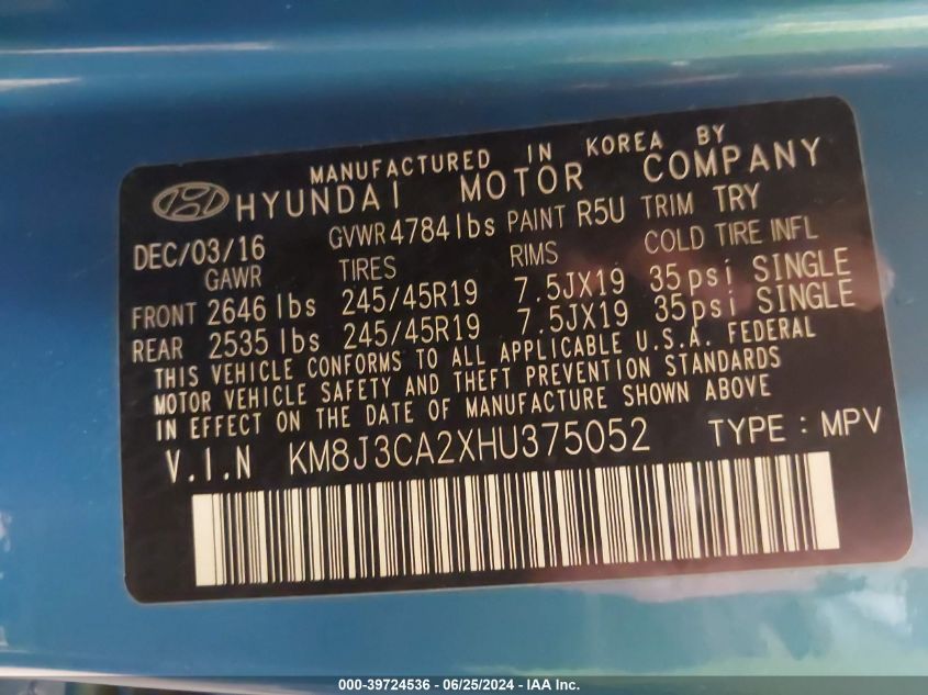 2017 Hyundai Tucson Limited VIN: KM8J3CA2XHU375052 Lot: 39724536