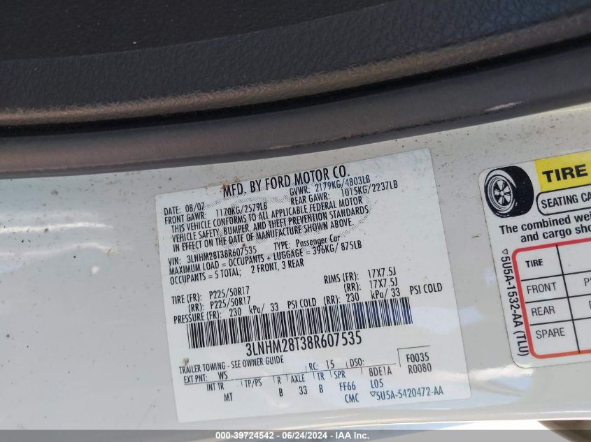 2008 Lincoln Mkz VIN: 3LNHM28T38R607535 Lot: 39724542