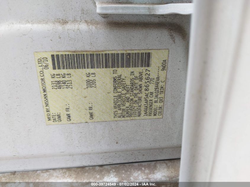 2010 Nissan Maxima 3.5 S VIN: 1N4AA5AP5AC865627 Lot: 39724549