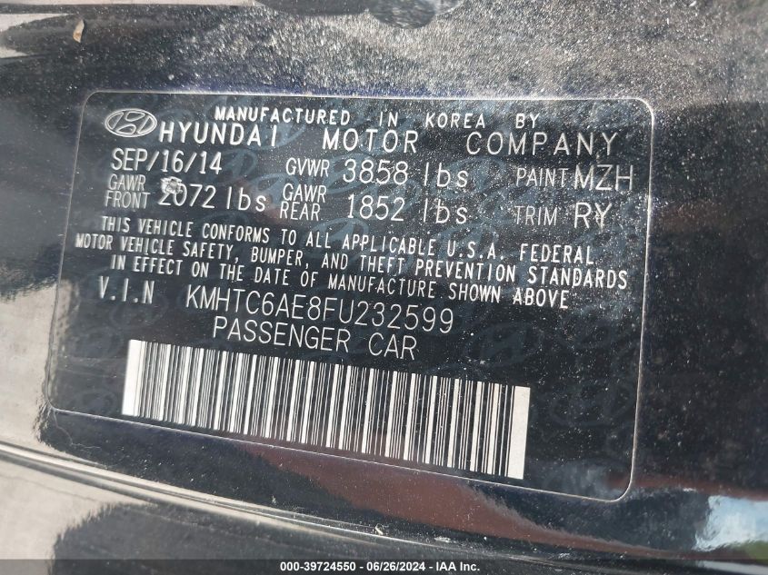 2015 Hyundai Veloster Turbo VIN: KMHTC6AE8FU232599 Lot: 39724550