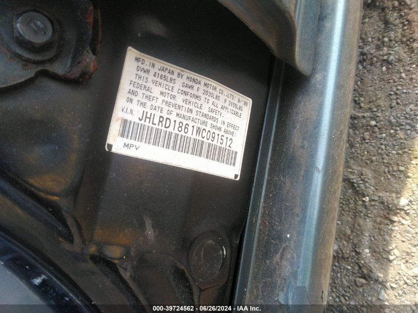 1998 Honda Cr-V Ex VIN: JHLRD1861WC091512 Lot: 39724562