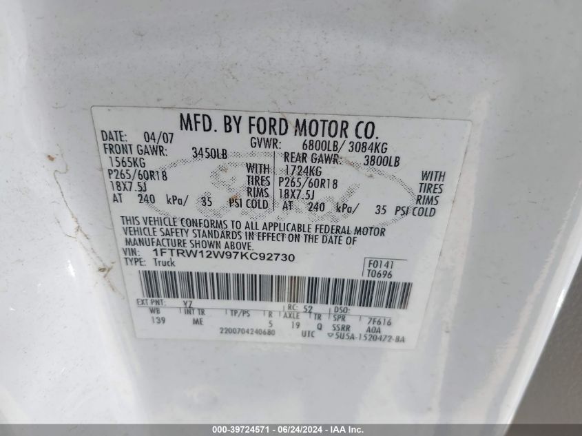 2007 Ford F-150 Xlt VIN: 1FTRW12W97KC92730 Lot: 39724571