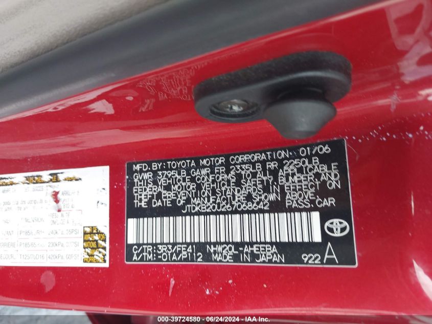 2006 Toyota Prius VIN: JTDKB20U267068642 Lot: 39724580