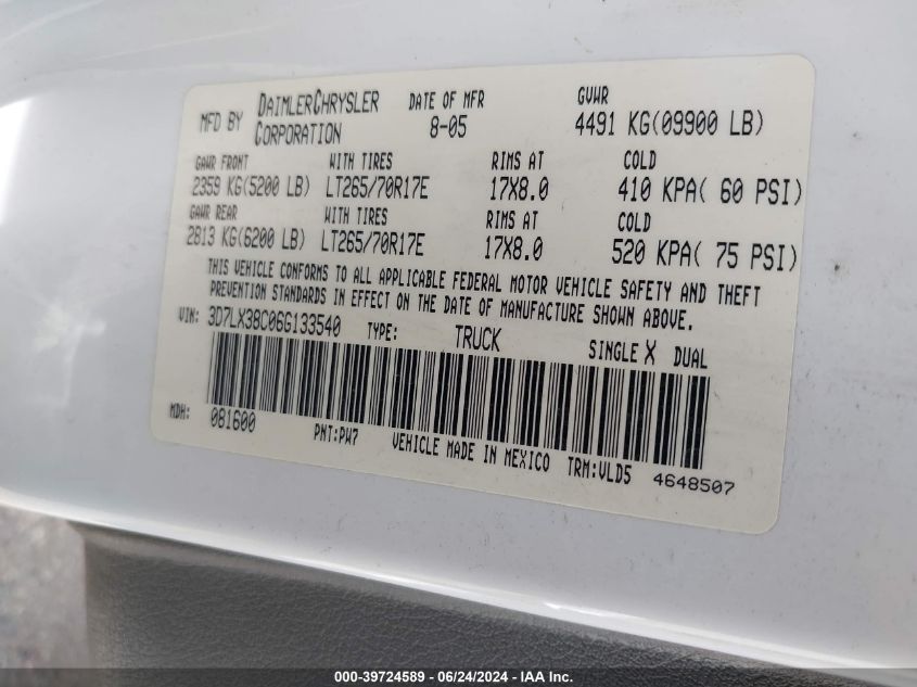 2006 Dodge Ram 3500 Laramie VIN: 3D7LX38C06G133540 Lot: 39724589