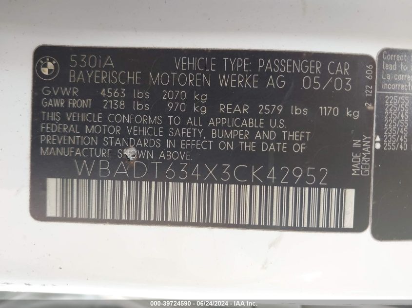 2003 BMW 530Ia VIN: WBADT634X3CK42952 Lot: 39724590
