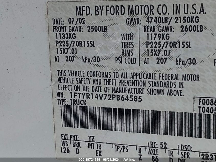 2002 Ford Ranger Edge/Tremor/Xl/Xlt VIN: 1FTYR14V72PB64585 Lot: 39724599