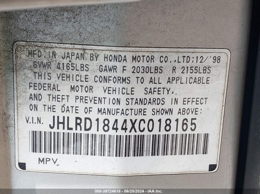 1999 Honda Cr-V Lx VIN: JHLRD1844XC018165 Lot: 39724618