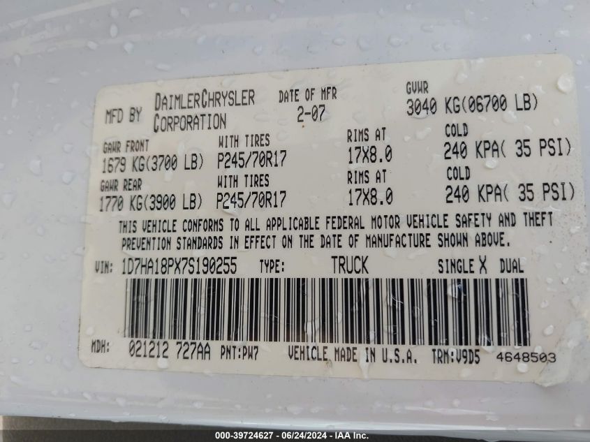 2007 Dodge Ram 1500 Slt VIN: 1D7HA18PX7S190255 Lot: 39724627