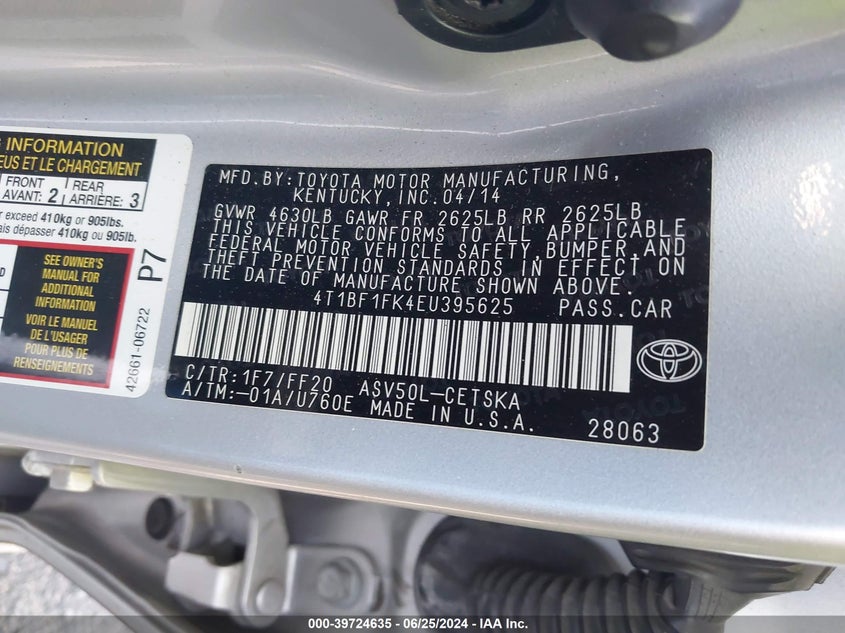 2014 Toyota Camry L/Se/Le/Xle VIN: 4T1BF1FK4EU395625 Lot: 39724635