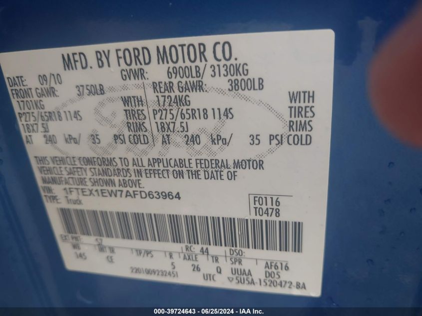 2010 Ford F-150 Stx/Xl VIN: 1FTEX1EW7AFD63964 Lot: 39724643