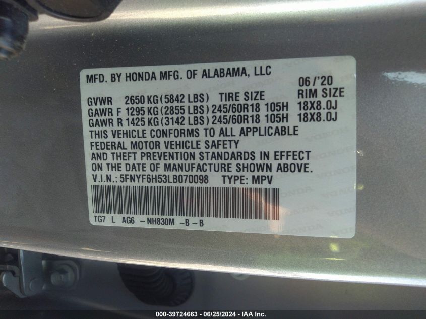 2020 Honda Pilot Exl VIN: 5FNYF6H53LB070098 Lot: 39724663