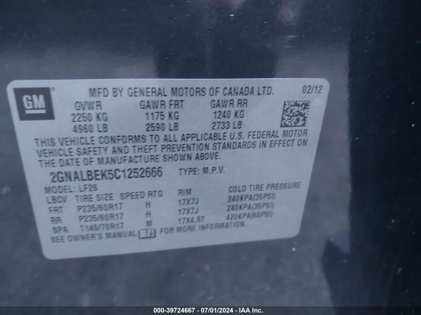 2012 Chevrolet Equinox Ls VIN: 2GNALBEK5C1252666 Lot: 39724667