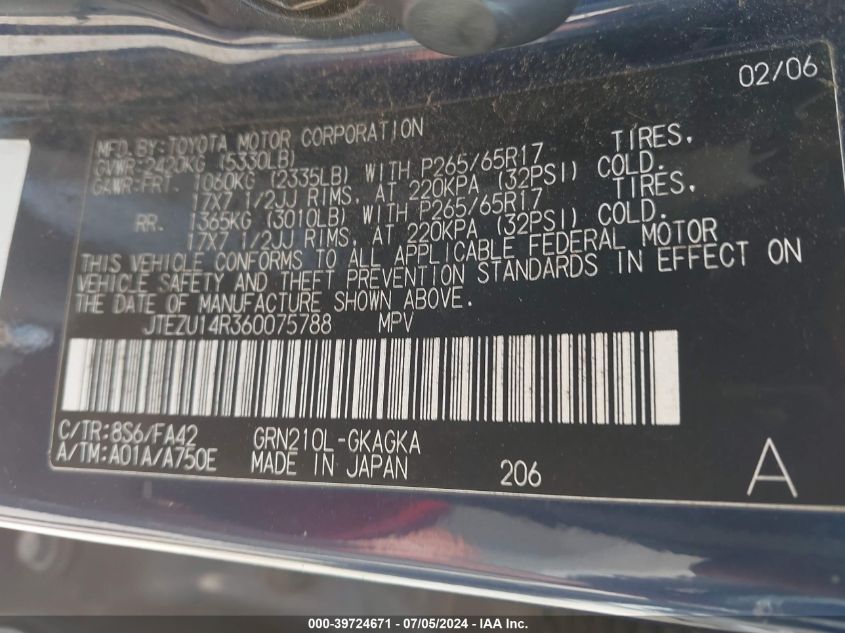 2006 Toyota 4Runner Sr5 V6 VIN: JTEZU14R360075788 Lot: 39724671