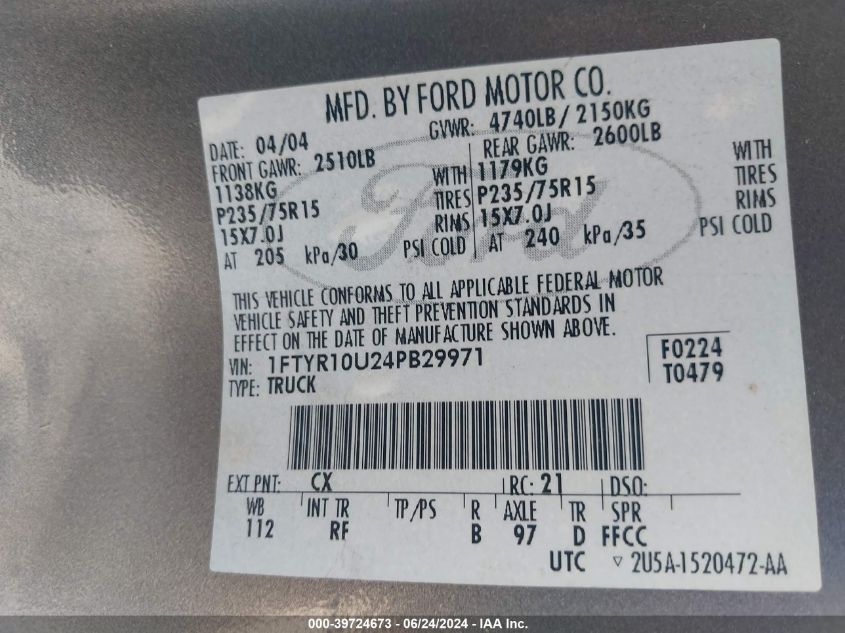 2004 Ford Ranger Edge/Xl/Xlt VIN: 1FTYR10U24PB29971 Lot: 39724673