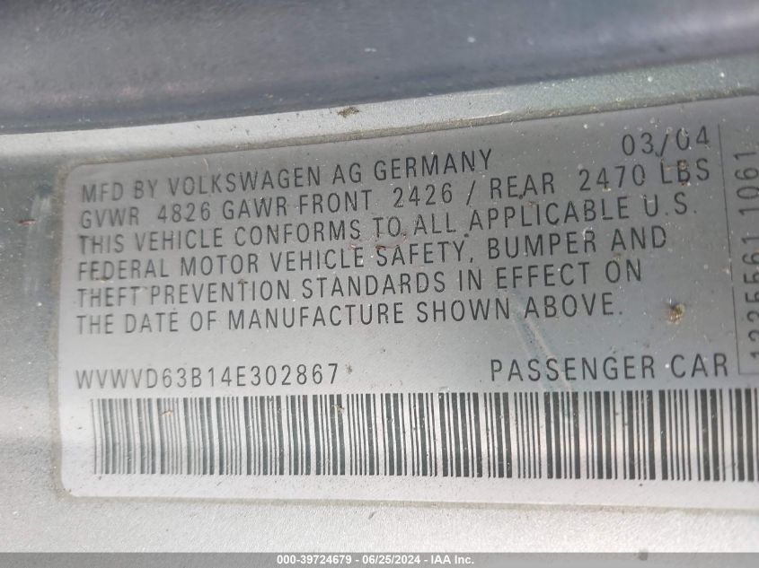 2004 Volkswagen Passat Gls VIN: WVWVD63B14E302867 Lot: 39724679