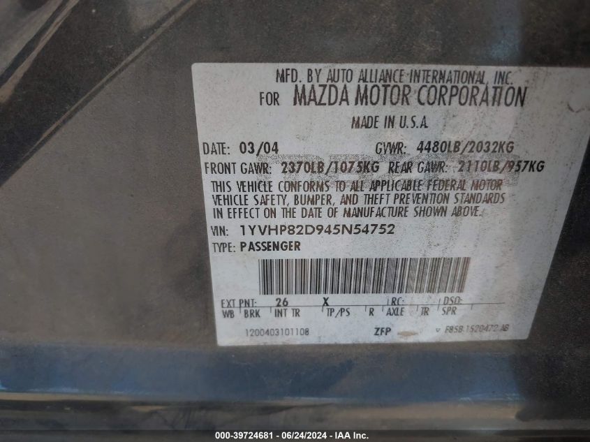 2004 Mazda Mazda6 S VIN: 1YVHP82D945N54752 Lot: 39724681