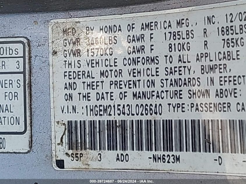2003 Honda Civic Lx VIN: 1HGEM21543L026640 Lot: 39724687