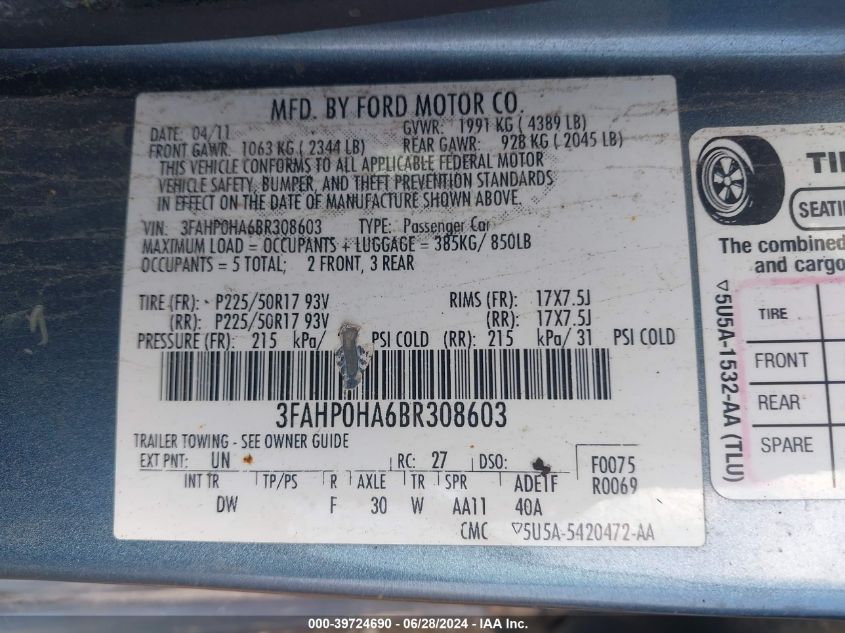 2011 Ford Fusion Se VIN: 3FAHP0HA6BR308603 Lot: 39724690