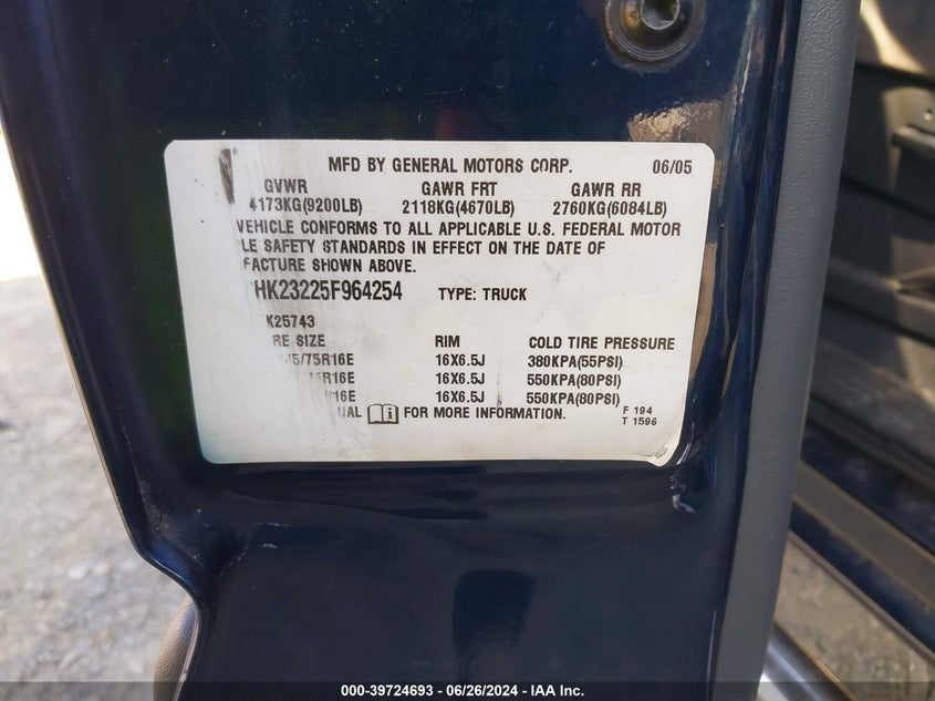 2005 Chevrolet Silverado K2500 Heavy Duty VIN: 1GCHK23225F964254 Lot: 39724693
