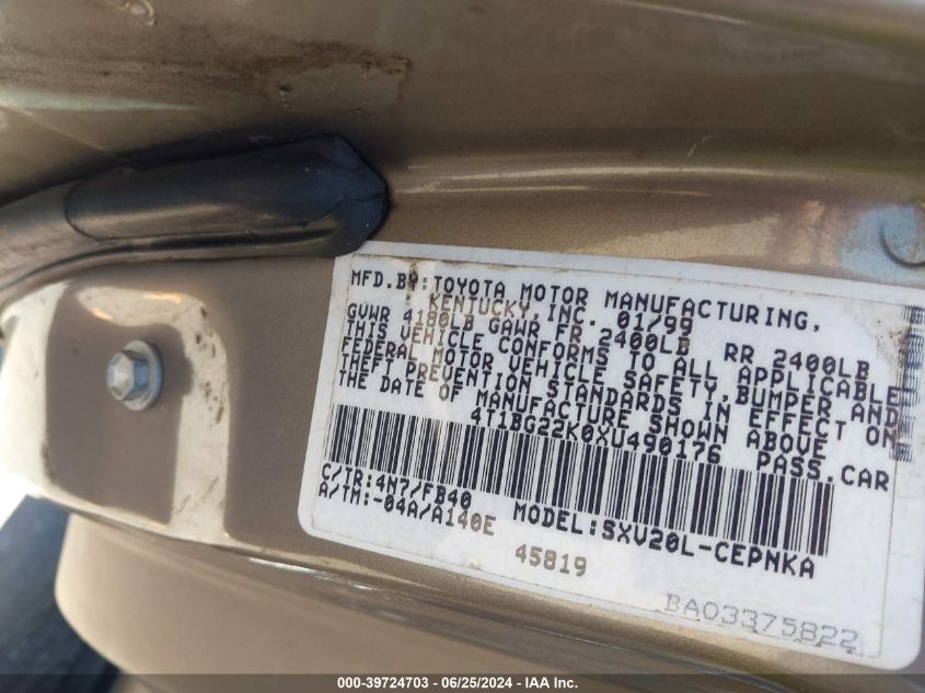 1999 Toyota Camry Le VIN: 4T1BG22K0XU490176 Lot: 39724703