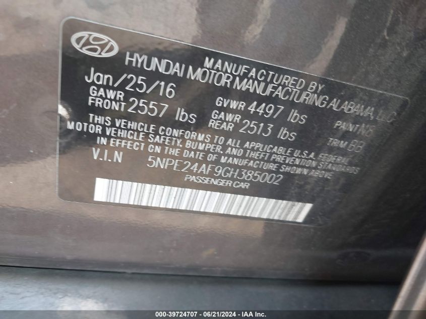 5NPE24AF9GH385002 | 2016 HYUNDAI SONATA