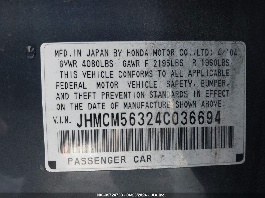 2004 Honda Accord 2.4 Lx VIN: JHMCM56324C036694 Lot: 39724708
