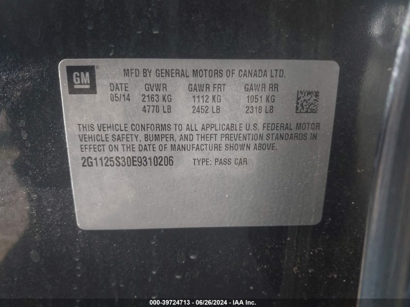 2014 Chevrolet Impala Lt VIN: 2G1125S30E9310206 Lot: 39724713