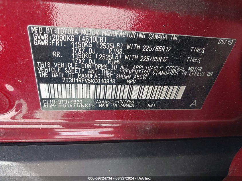 2019 TOYOTA RAV4 LE - 2T3H1RFV5KC010918