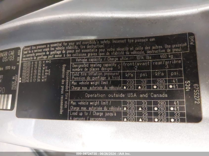 2003 BMW 530Ia VIN: WBADT63413CK39390 Lot: 39724735