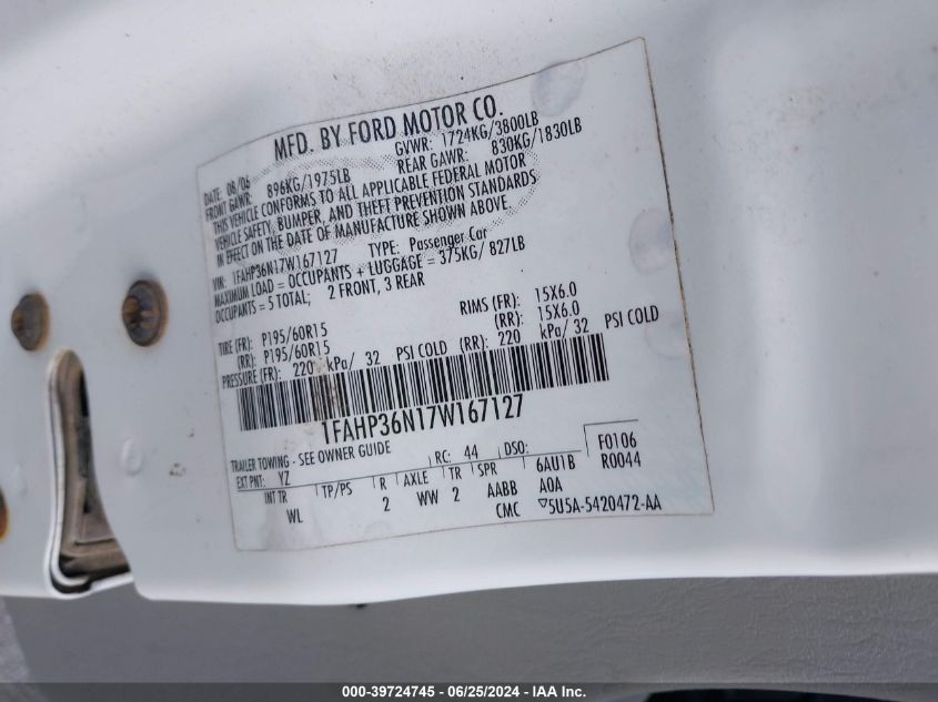 2007 Ford Focus Zxw/S/Se/Ses VIN: 1FAHP36N17W167127 Lot: 39724745