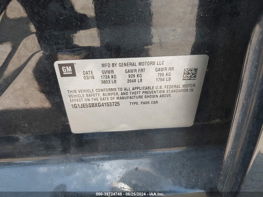 2016 Chevrolet Sonic Ltz Auto VIN: 1G1JE5SBXG4153725 Lot: 39724748