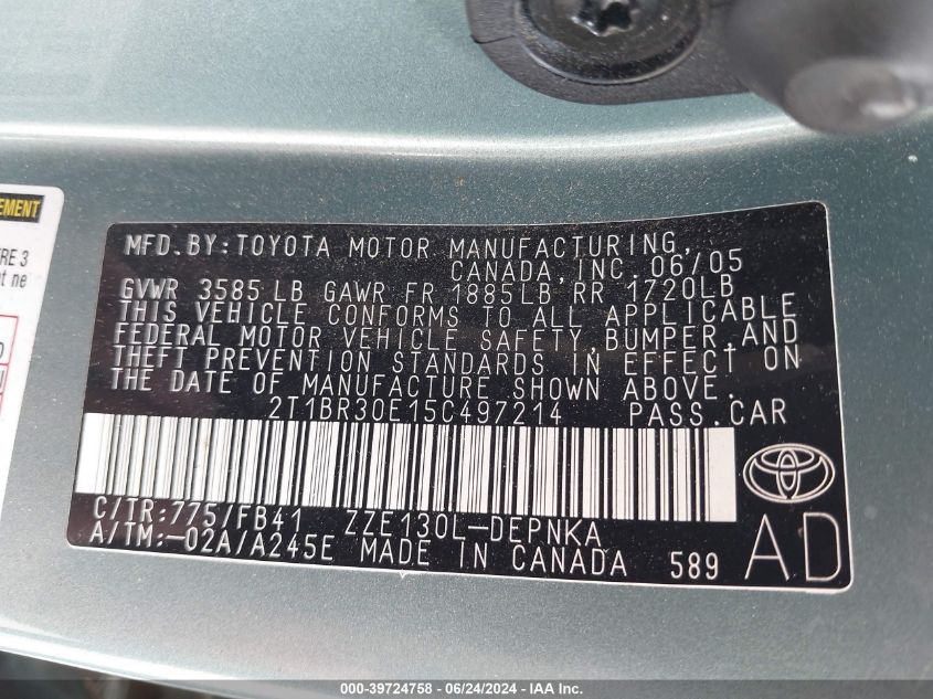 2005 Toyota Corolla Le VIN: 2T1BR30E15C497214 Lot: 39724758