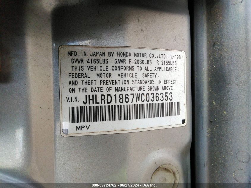 1998 Honda Cr-V Ex VIN: JHLRD1867WC036353 Lot: 39724762