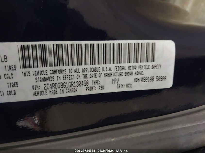 2016 Dodge Grand Caravan Se VIN: 2C4RDGBG1GR130450 Lot: 39724764