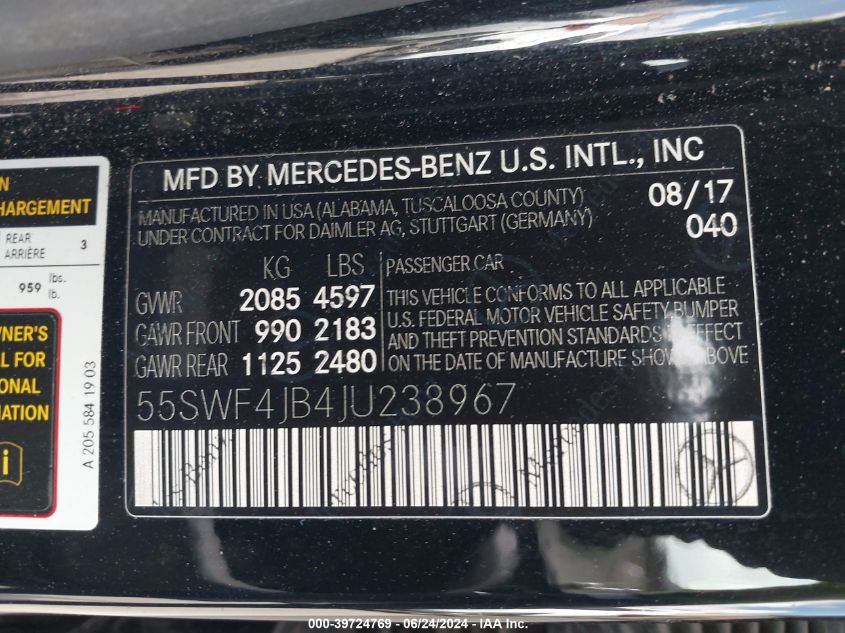 2018 Mercedes-Benz C 300 VIN: 55SWF4JB4JU238967 Lot: 39724769