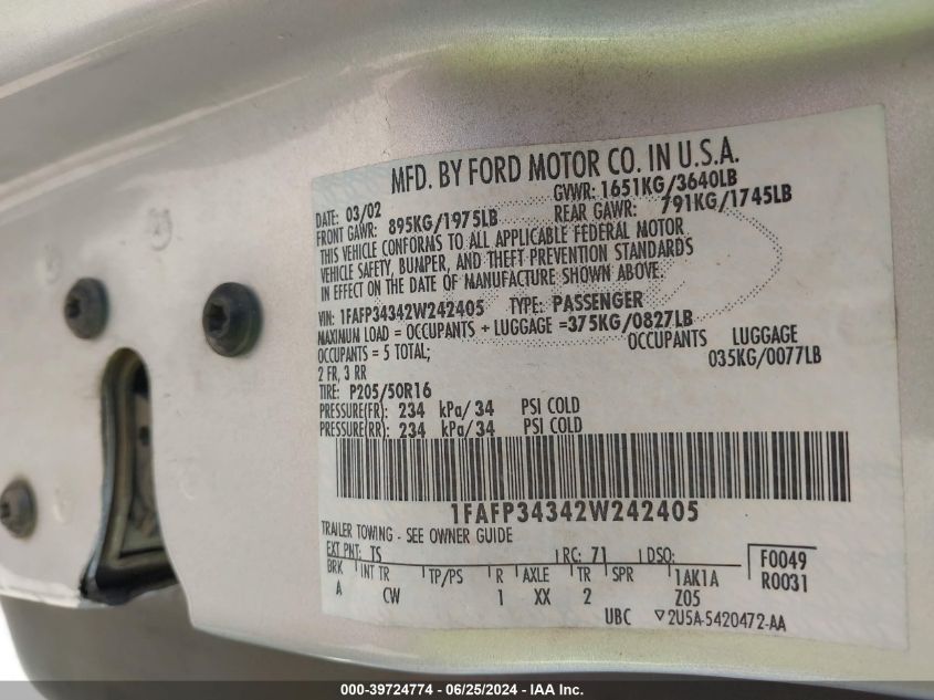 2002 Ford Focus Se VIN: 1FAFP34342W242405 Lot: 39724774