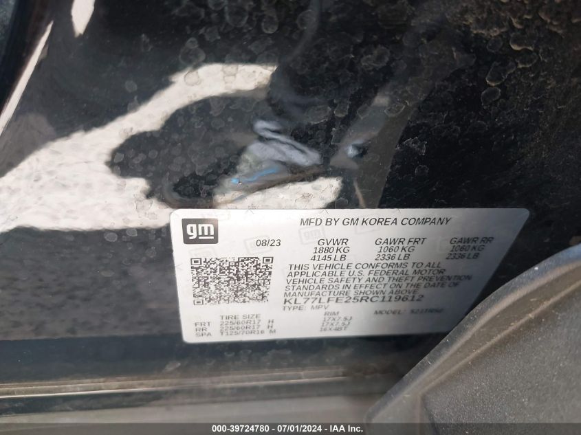 2024 Chevrolet Trax Fwd Sp VIN: KL77LFE25RC119612 Lot: 39724780