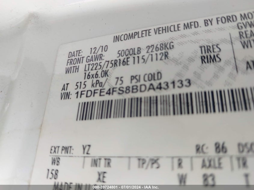 2011 Ford E-450 Cutaway VIN: 1FDFE4FS8BDA43133 Lot: 39724801