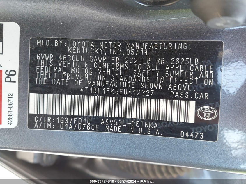 2014 Toyota Camry Le VIN: 4T1BF1FK6EU412327 Lot: 39724810