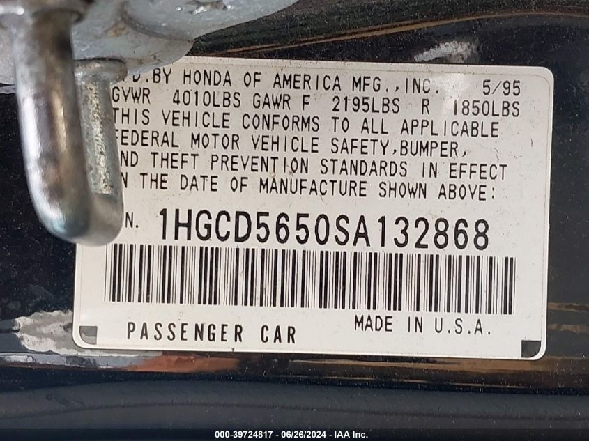 1995 Honda Accord Ex VIN: 1HGCD5650SA132868 Lot: 39724817